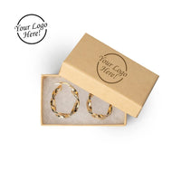 Hoop earrings in a branded box with 'Your Logo Here!' text.