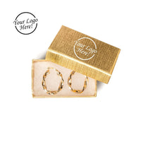 Gold hoop earrings in a branded box with 'Your Logo Here!' text.