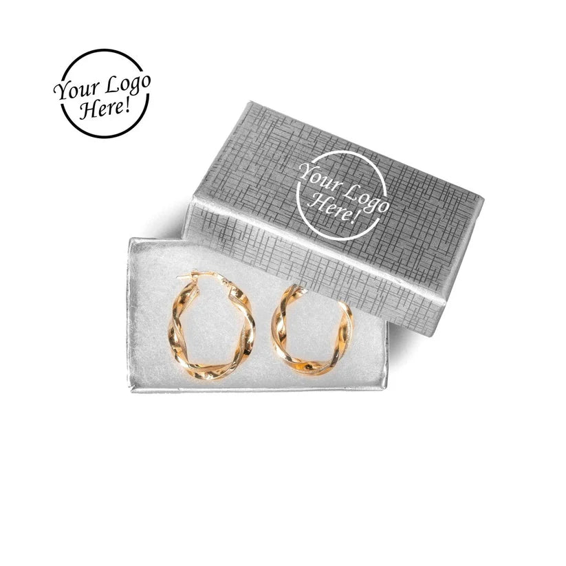Hoop earrings in a silver branded box with 'Your Logo Here!' text.