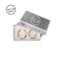 Hoop earrings in a silver branded box with 'Your Logo Here!' text.