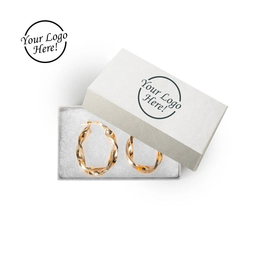 Earrings in a branded white box with 'Your Logo Here!' text.