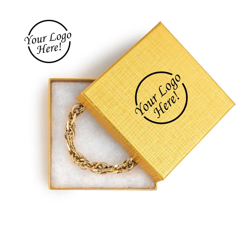 Gold chain keychain in a box with 'Your Logo Here!' text.