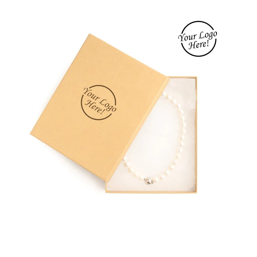 Open kraft colored jewelry box with a necklace inside, featuring 'Your Logo Here!' text.