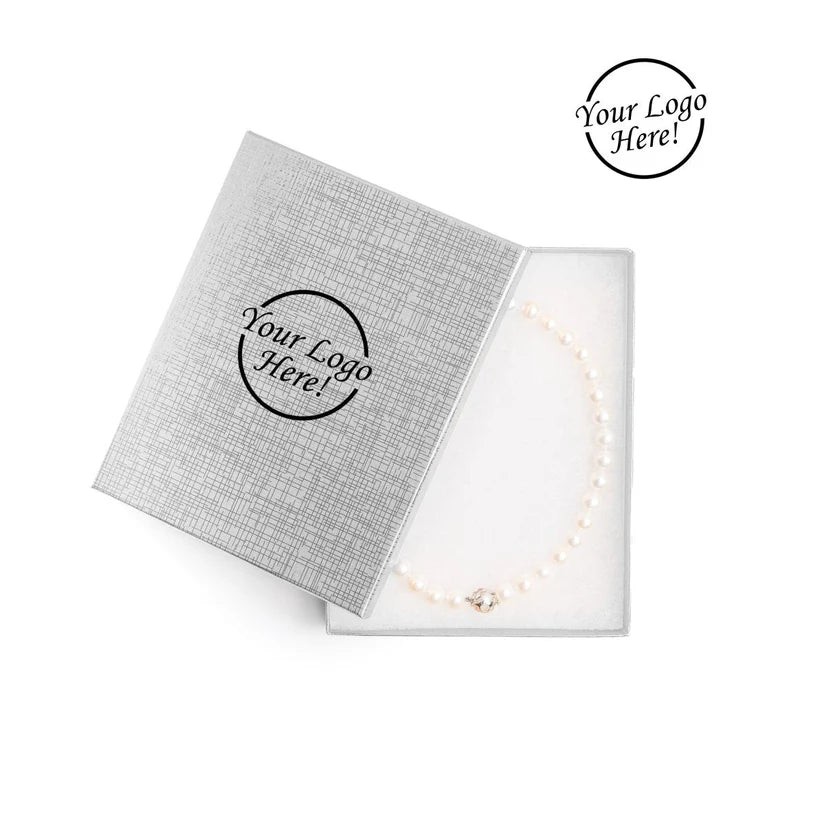 Silver Jewelry box with a necklace inside, branded with 'Your Logo Here!' 