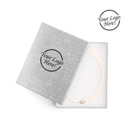 Silver Jewelry box with a necklace inside, branded with 'Your Logo Here!' 