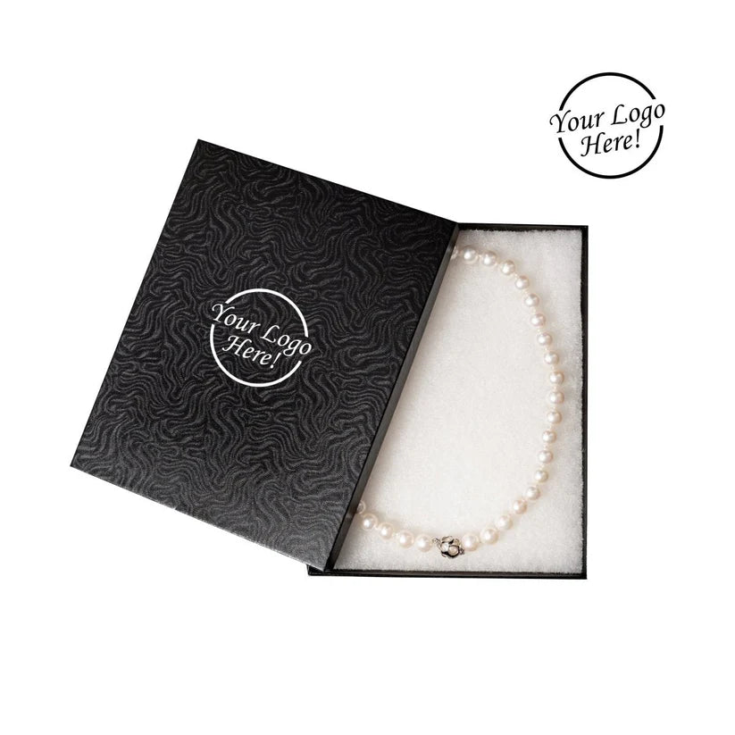 Pearl necklace in a black box with 'Your Logo Here!' text