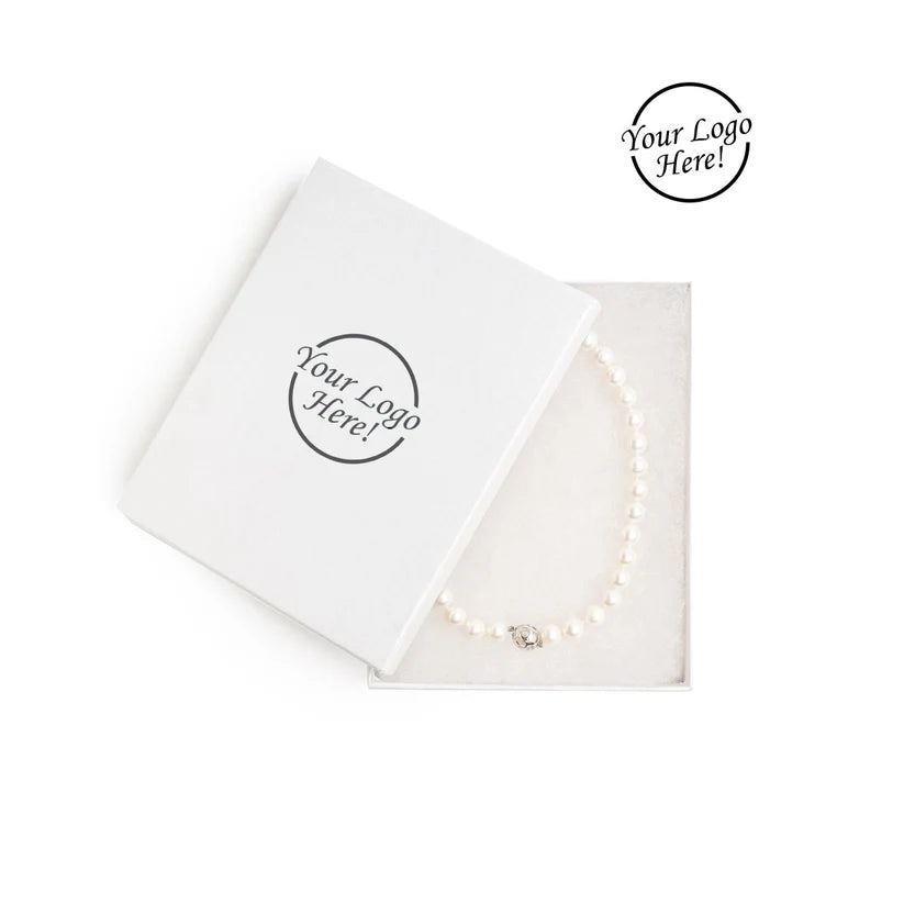 Pearl necklace in a white box with 'Your Logo Here!' text