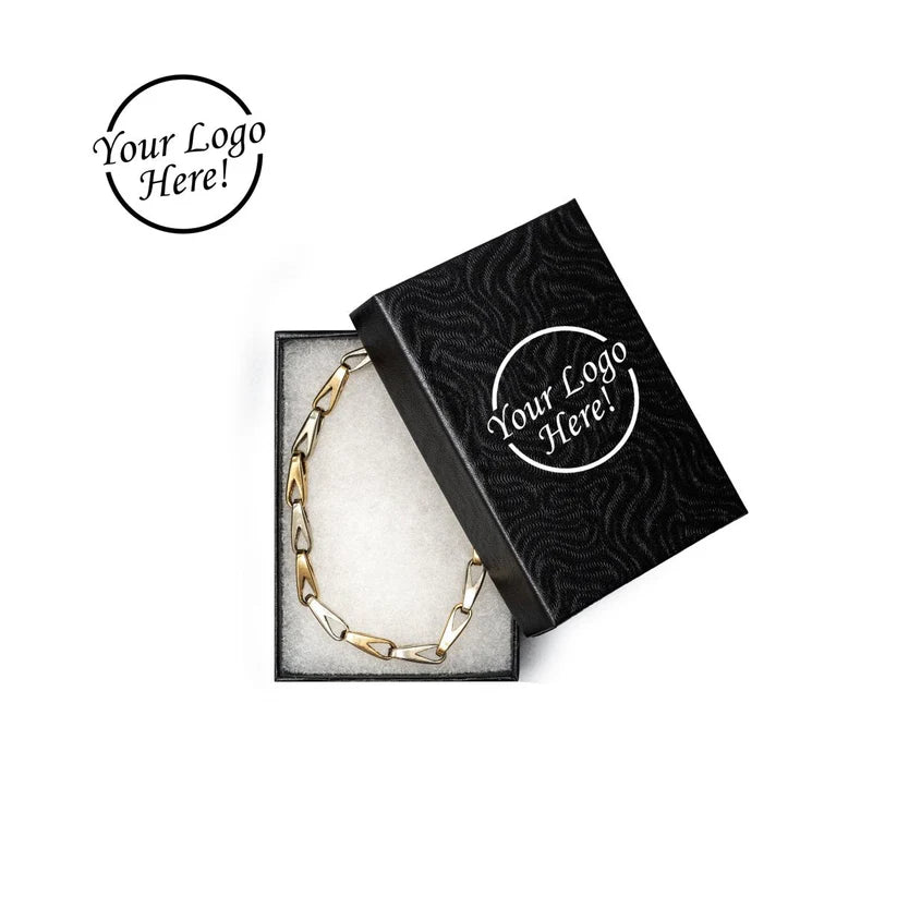 Necklace in a black jewelry box with 'Your Logo Here!' text 