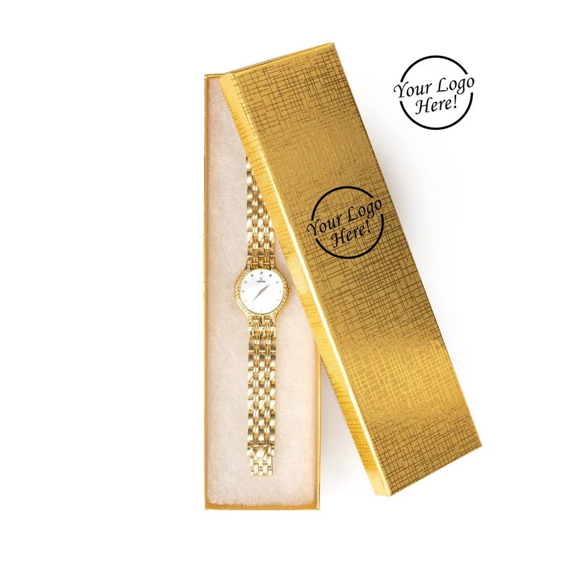 Gold watch in a branded box with 'Your Logo Here!' text.