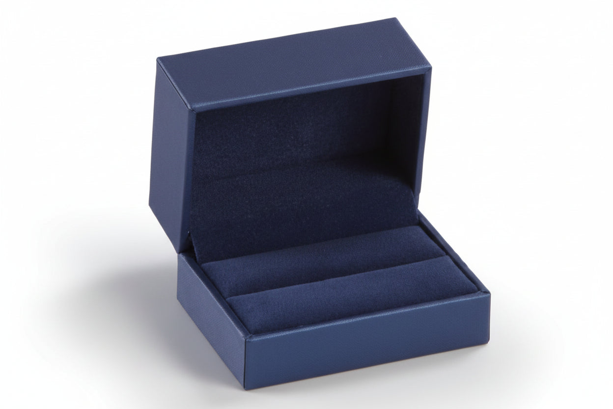 Navy leatherette double ring slit box with a suede interior, displayed open to show the compartments for two rings.