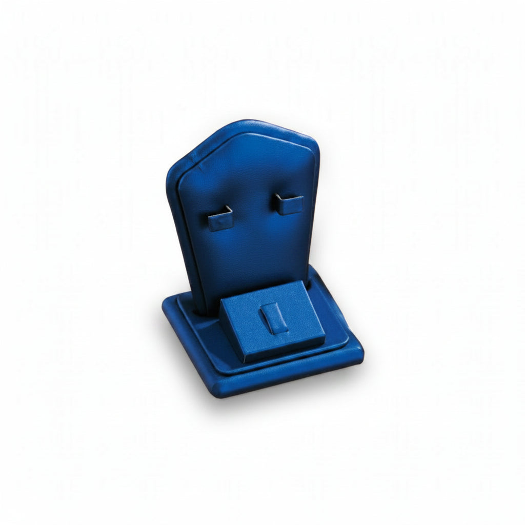 A navy blue leatherette jewelry stand designed to hold rings, earrings, and pendants.