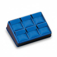 Blue leatherette 6 earring stand with compartments to hold earrings, displayed against a white background.