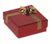 AAssorted Colors shiny cardboard pendant and earring box with a metallic gold bow.