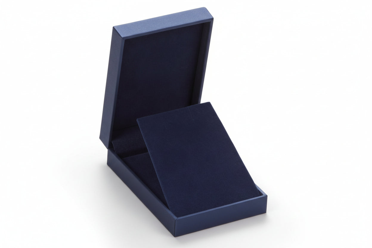 Navy blue leatherette X-large pendant box, open and empty, with a navy suede interior.