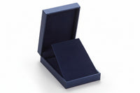 Navy blue leatherette X-large pendant box, open and empty, with a navy suede interior.