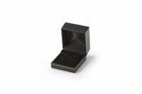 A black leatherette earring tree box with gold rim, opened to show the interior compartment, set against a plain background.