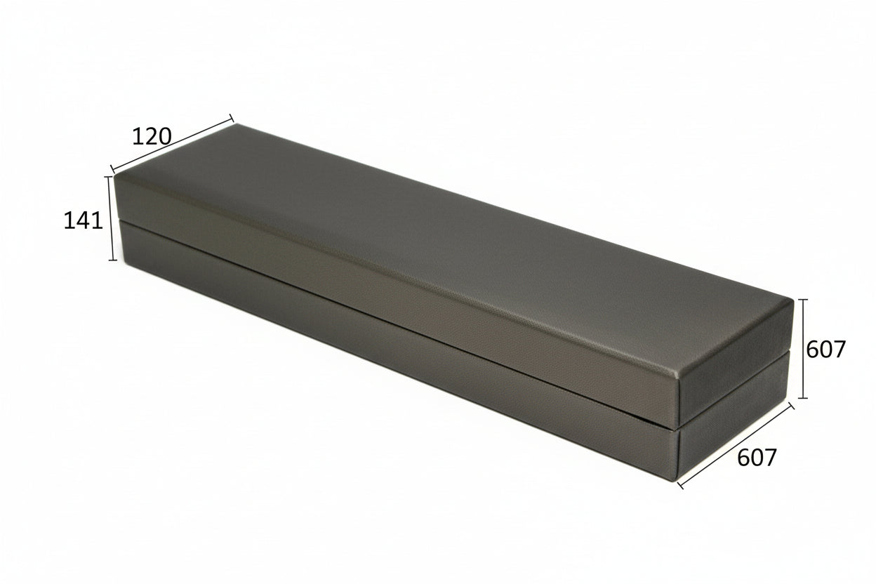A silver leatherette bracelet box with dimensions labeled, showing the length, width, and height.