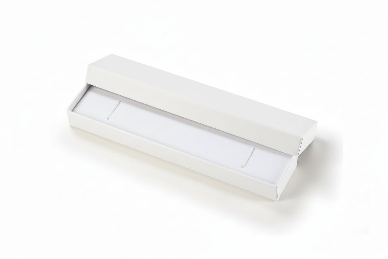 White rectangular box with a clear lid on a white background