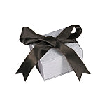 A steel grey jewelry box with a black satin ribbon bow on top.