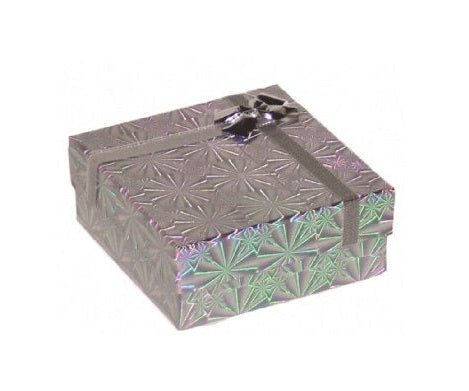 Assorted Colors Shiny cardboard utility/pendant box with a metallic bow on top.