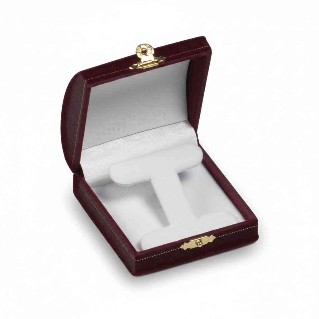 Open Burgundy leatherette domed medium earring tree box with velvet inserts and a gold accent clasp.