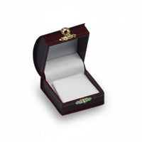 An open Leatherette Domed Stud Earring Box with a white interior and gold accent clasp.