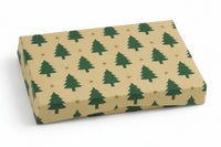 A rectangular gift card box with a kraft paper design featuring green tree illustrations and stars, with a white interior.