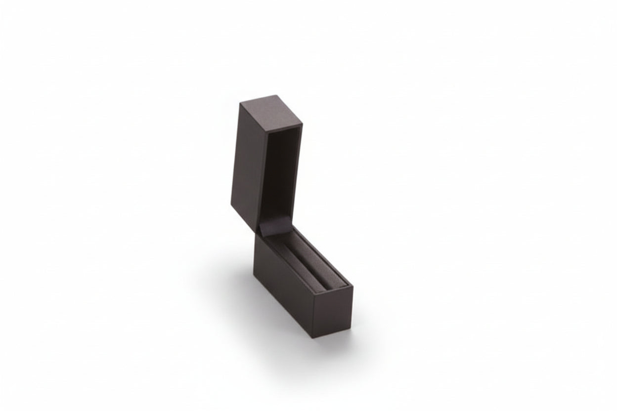 A purple leatherette bangle box with a hinge mechanism, displayed in an open position showing the interior compartment.