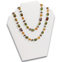 Multicolored beaded necklace on a White Leatherette display stand