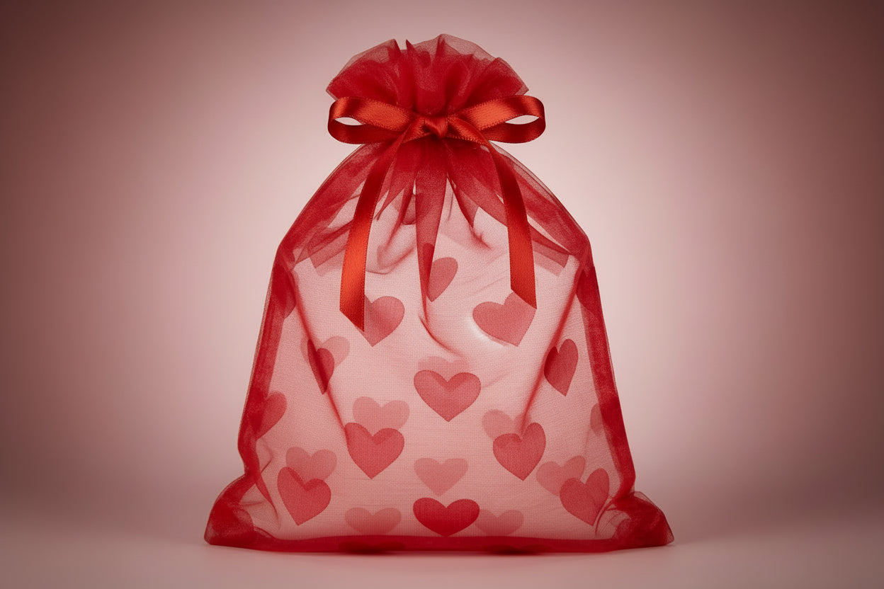 Three drawstring bags in white, pink, and red on a gray background