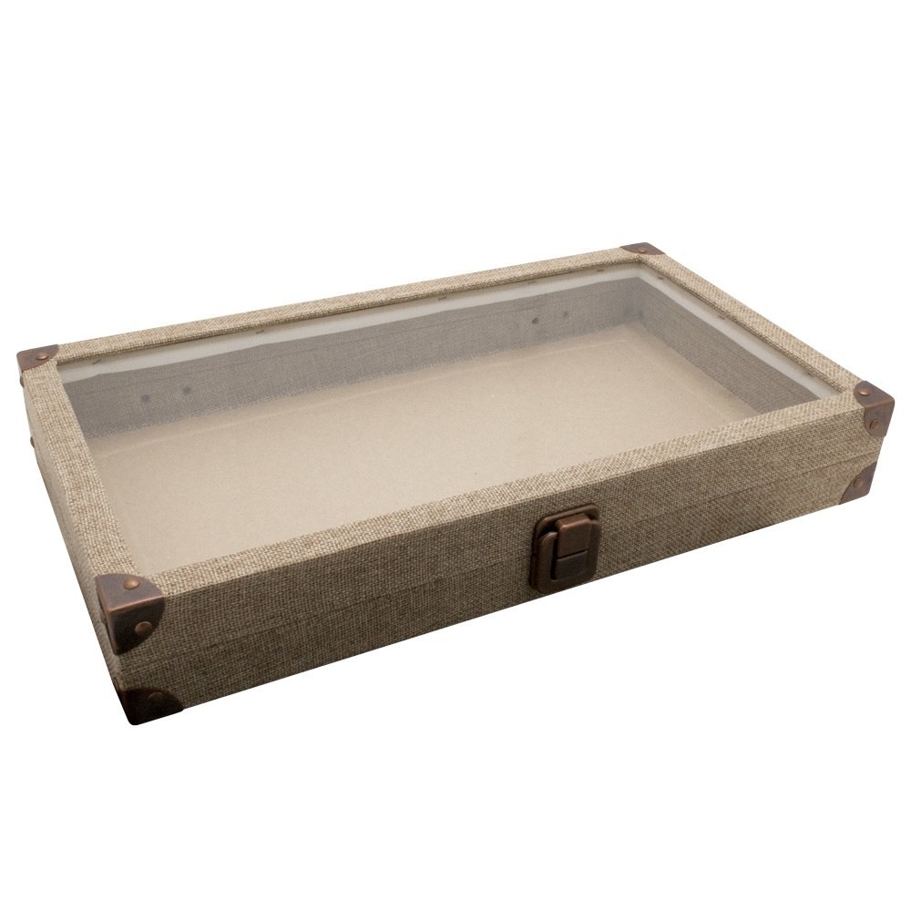 Glass Top Burlap Wood Box, Hinged with Latch
