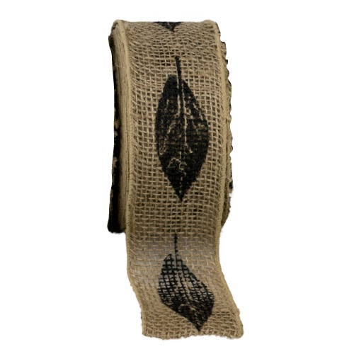 Wired Burlap Jute Ribbon with Leaf Print