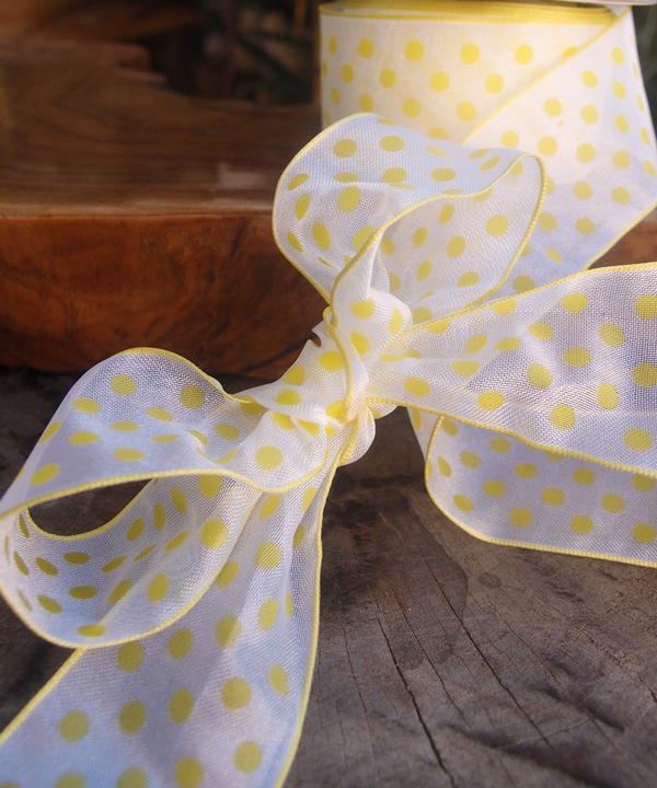 Wired Edge White Sheer Ribbon with Dots