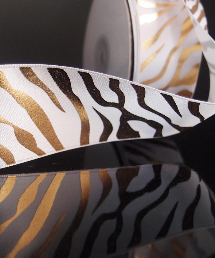 Gold on White Metallic Satin Zebra Print Ribbon