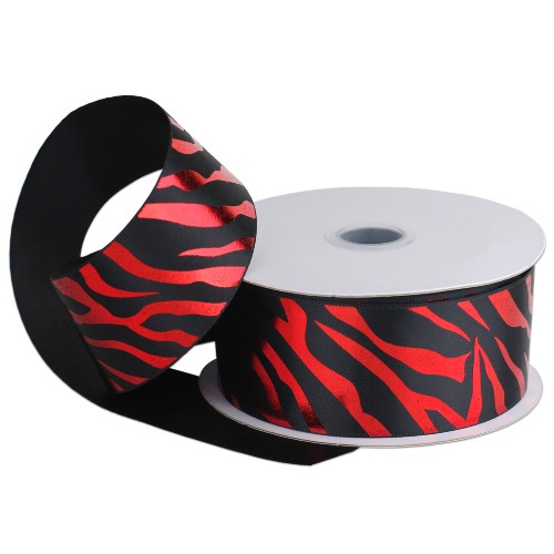 Red on Black Metallic Satin Zebra Print Ribbon