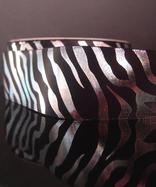 Silver on Black Metallic Satin Zebra Print Ribbon