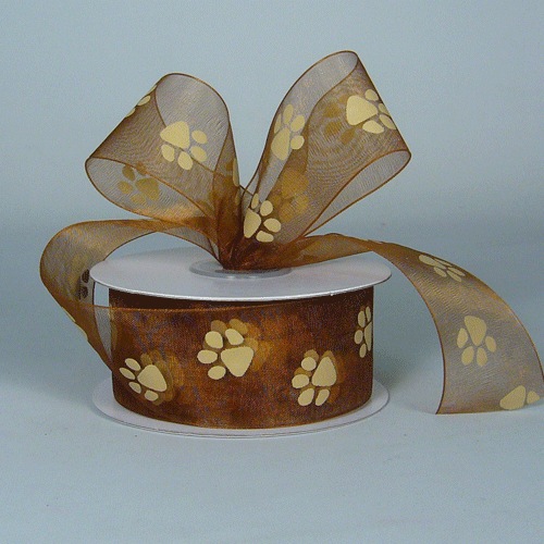 Chocolate Sheer Ribbon with Toffee Paw Print
