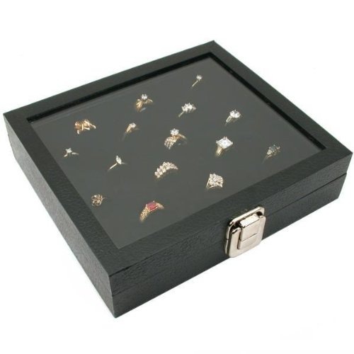 Glass Top Wood Box, Hinged with Latch, 36 Black Ring Foam Insert