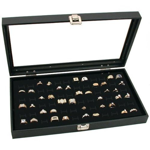 Glass Top Wood Box, Hinged with Latch, 72 Black Ring Foam Insert