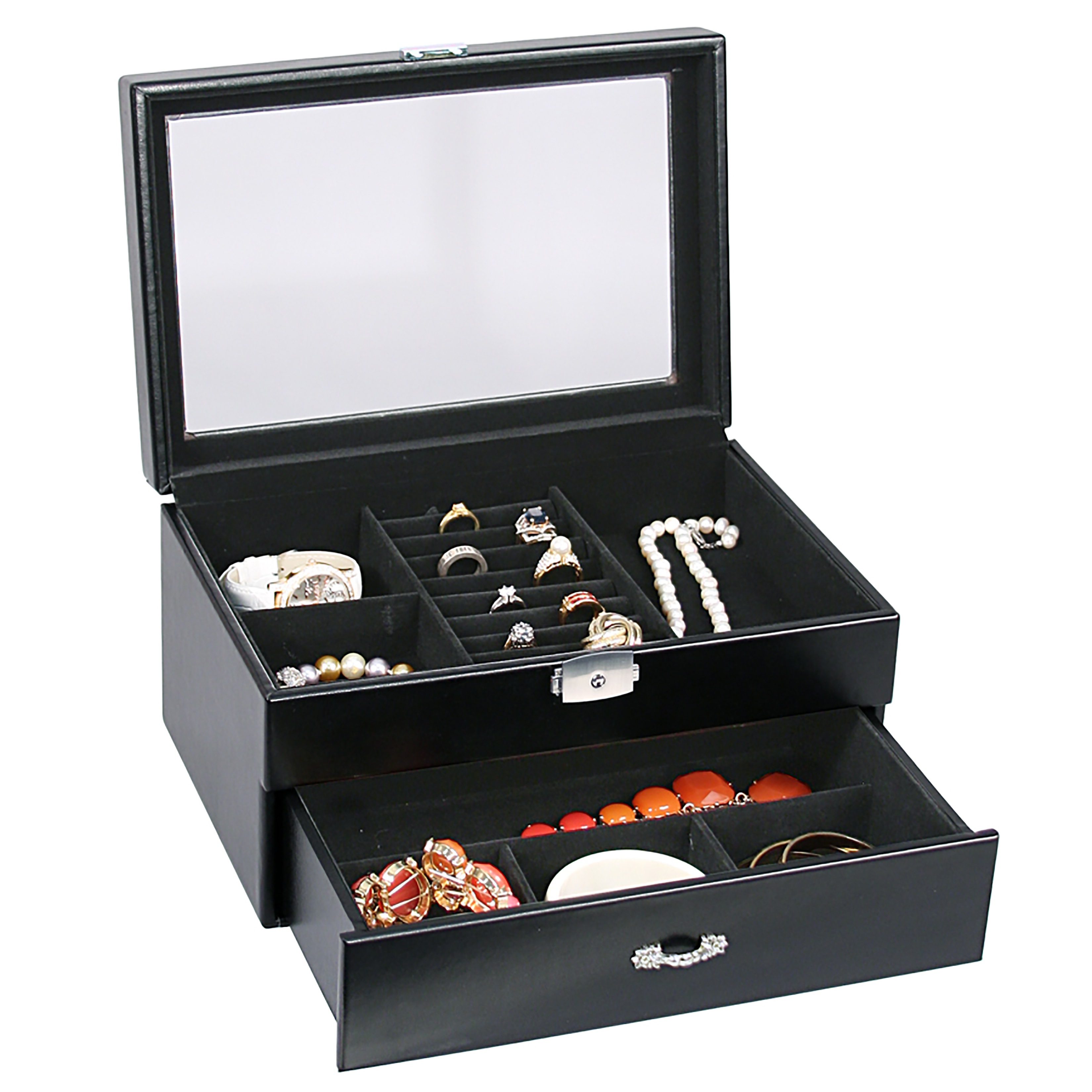 Black Leather Jewelry Storage Case w/Drawer Glass Top Lock and Key box Display