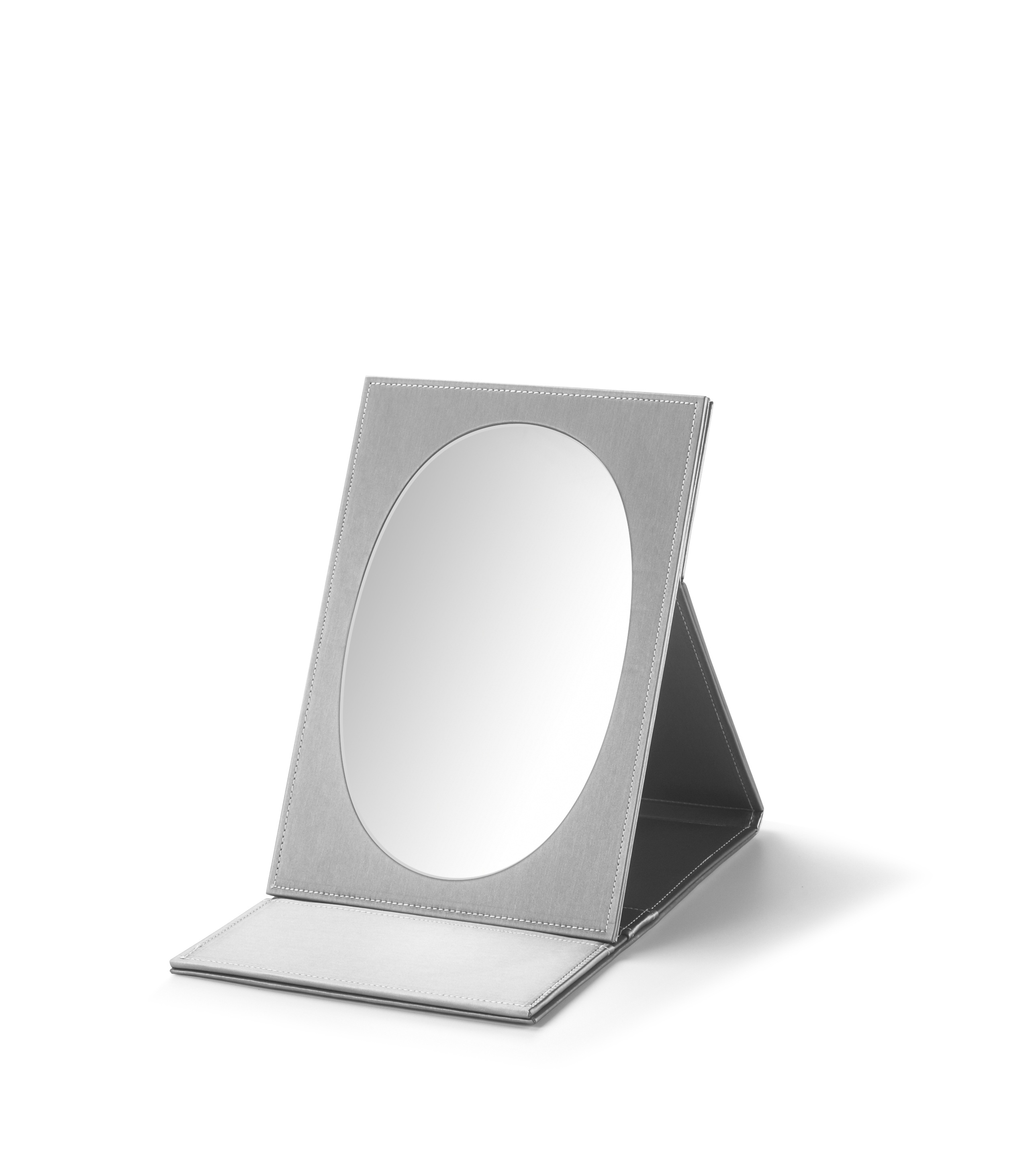 Silver Gray Leatherette Large Oval Foldable Mirror