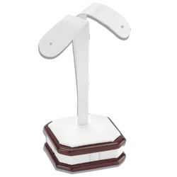 White Leatherette/Mahogany Wood Earring Display Stand 
