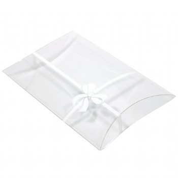 Clear Plastic Pillow Boxes with Printed White Ribbon