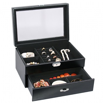 Black Leather Jewelry Storage Case w/Drawer Glass Top Lock and Key box Display