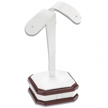 White Leatherette/Mahogany Wood Earring Display Stand   	   	         