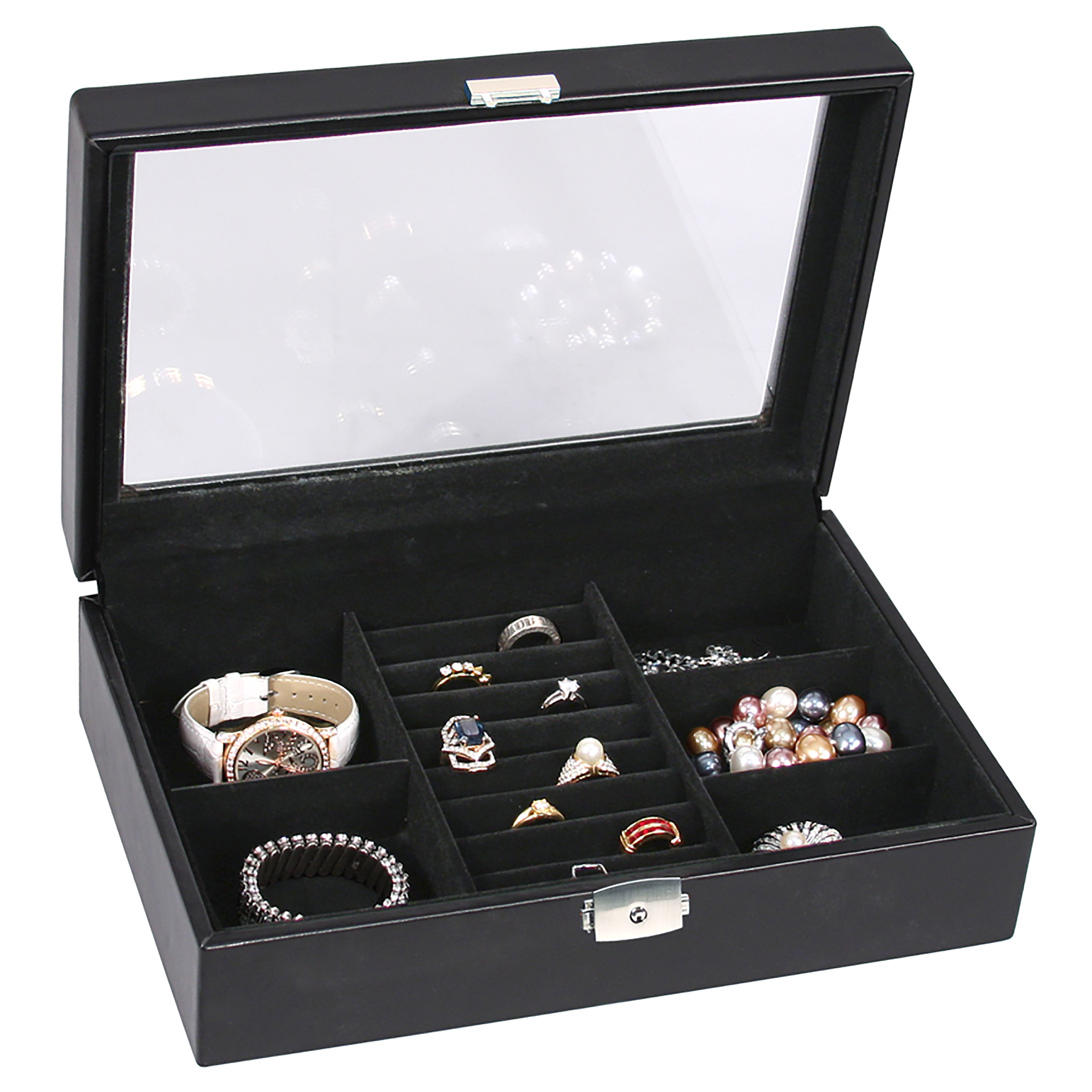 Black Leather Jewelry Storage Case Glass Top Box Display with Lock and Key